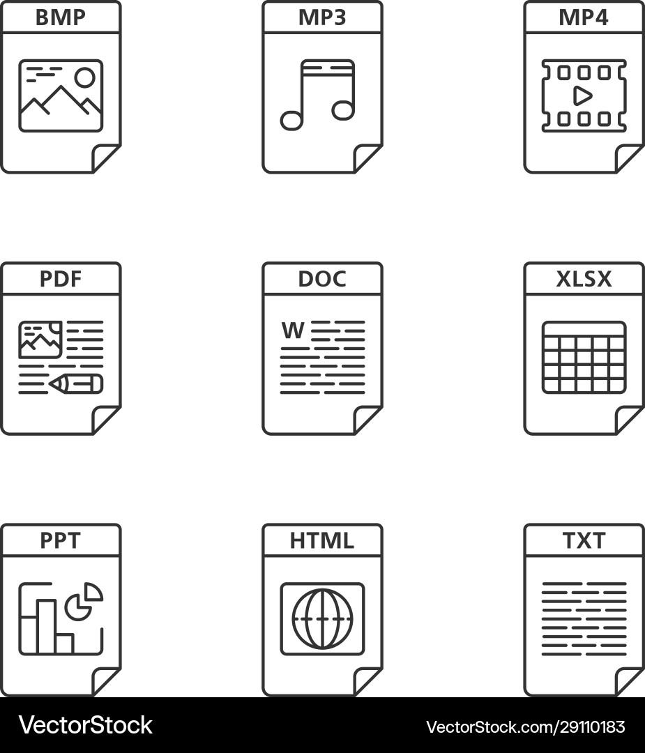 Files format linear icons set Files format linear icons set vector image