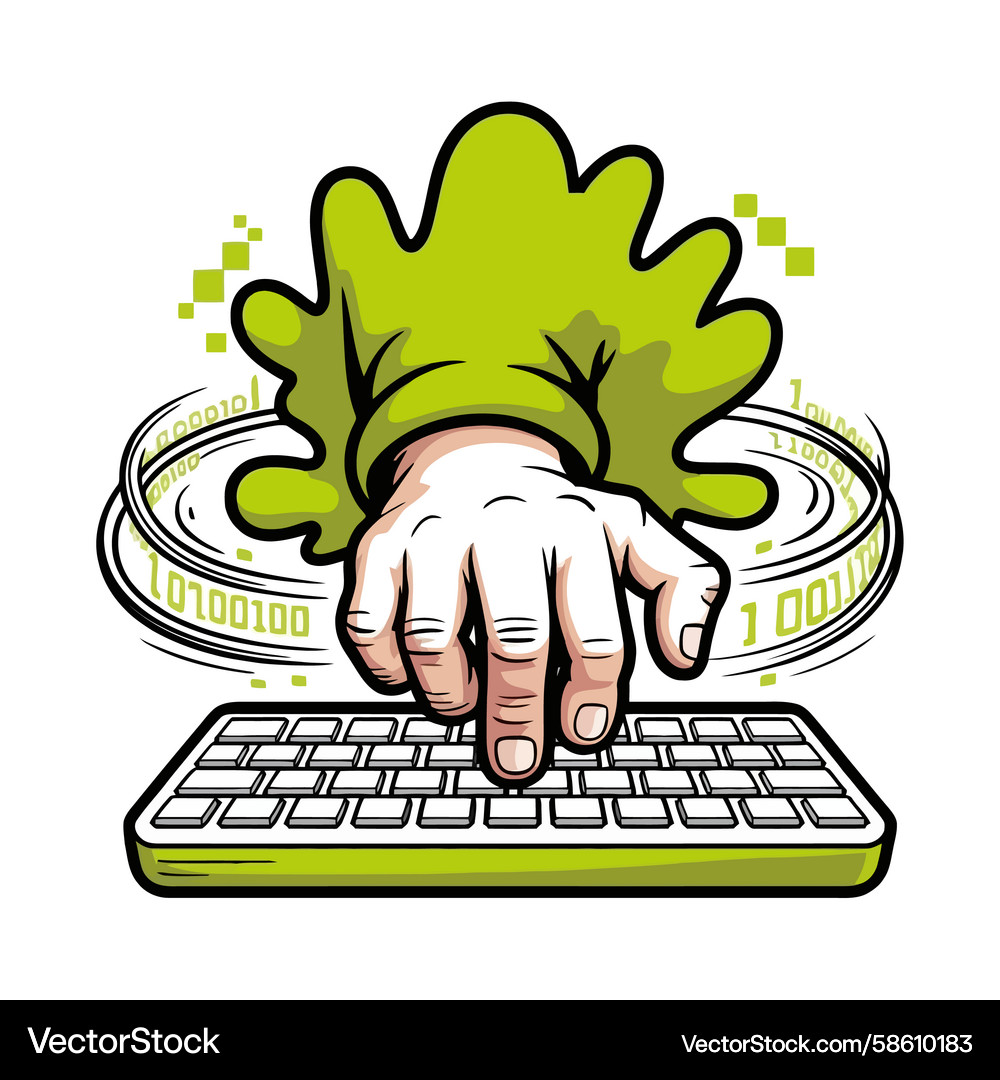 Green blob hand typing on a computer keyboard Green blob hand typing on a computer keyboard Vector Image