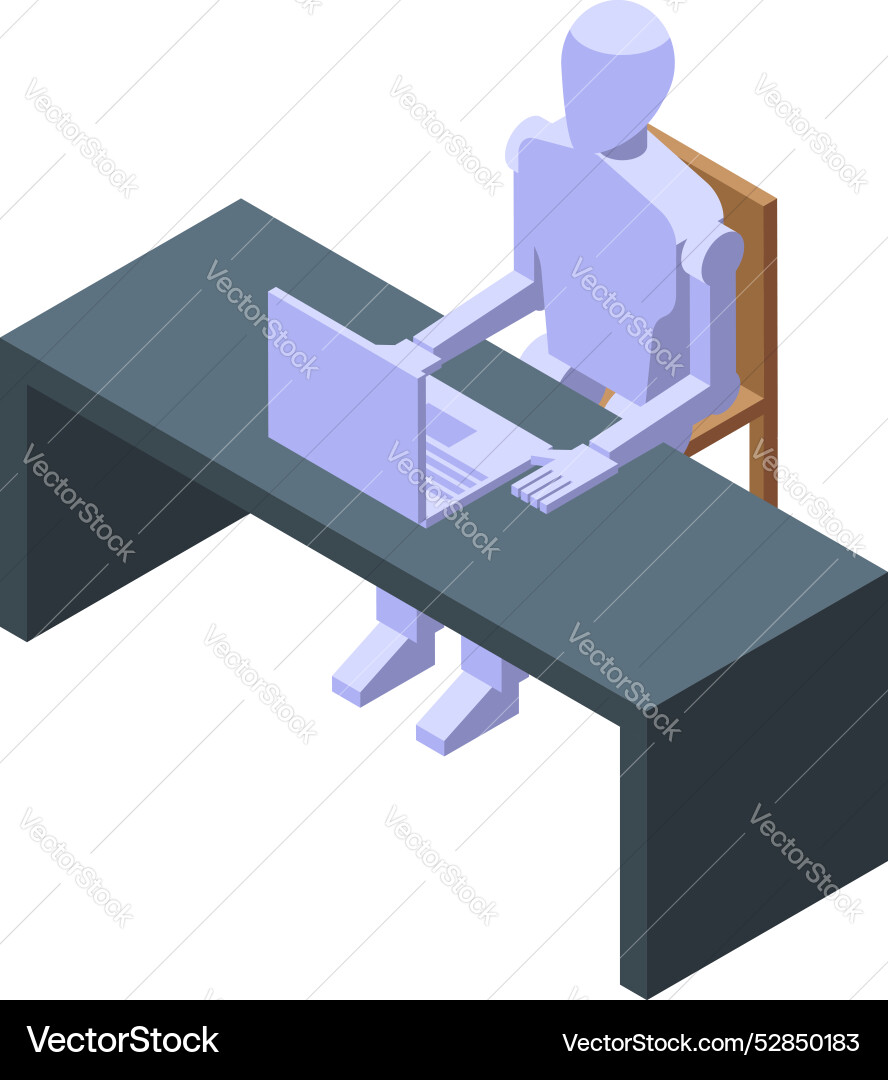 Robot working on laptop at desk in isometric view Robot working on laptop at desk in isometric view Vector Image