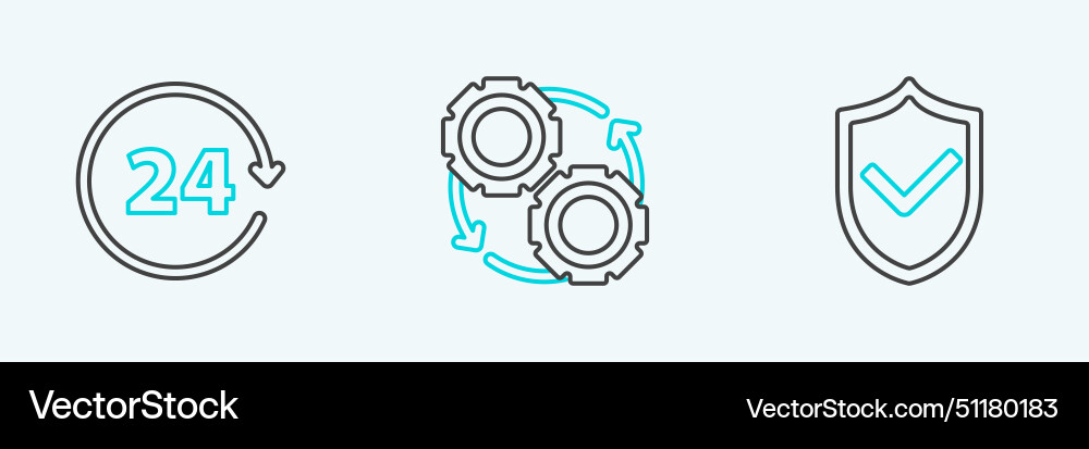 Set line shield with check mark clock 24 hours Set line shield with check mark clock 24 hours vector image