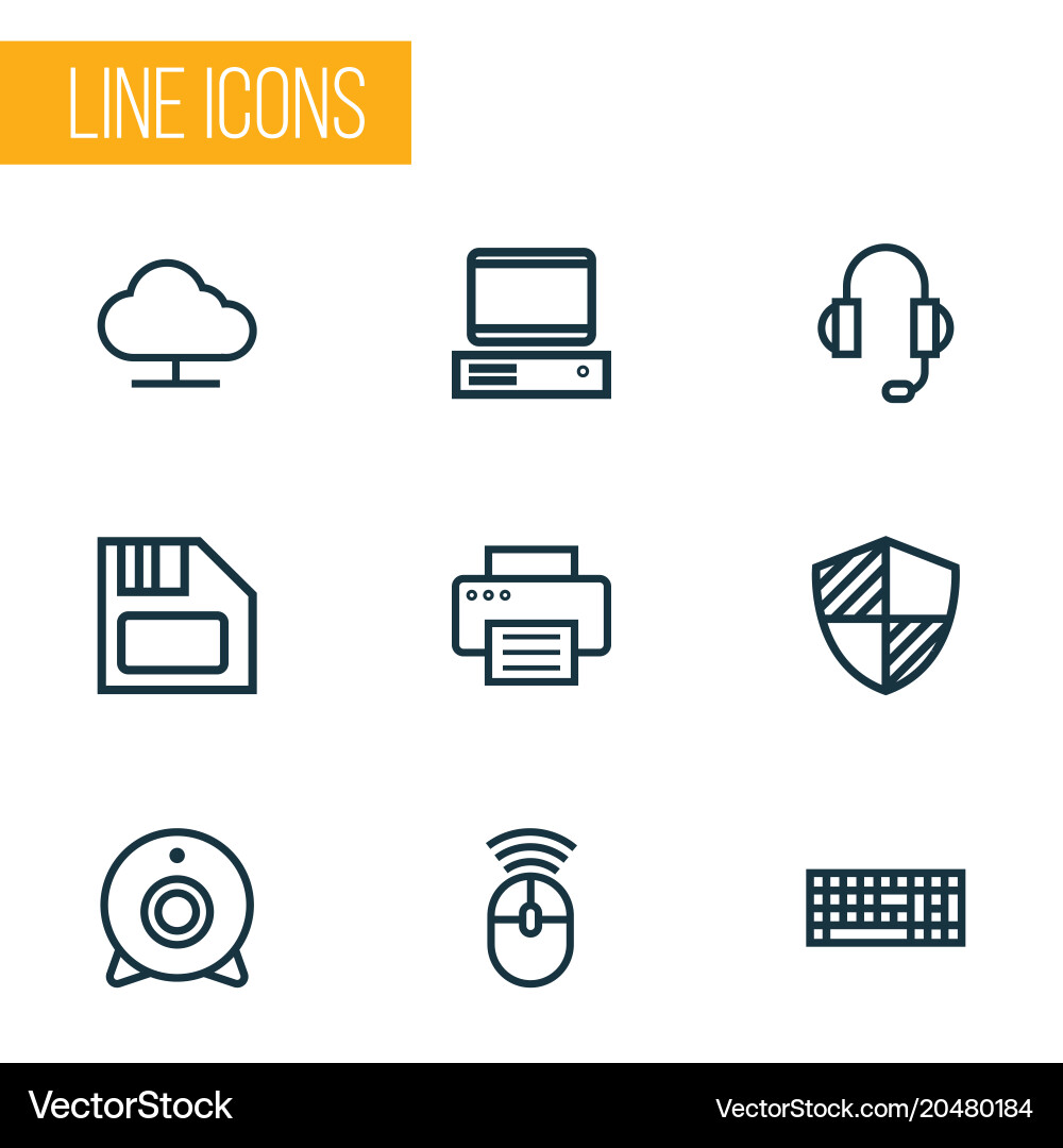 Computer icons line style set with diskette vector image