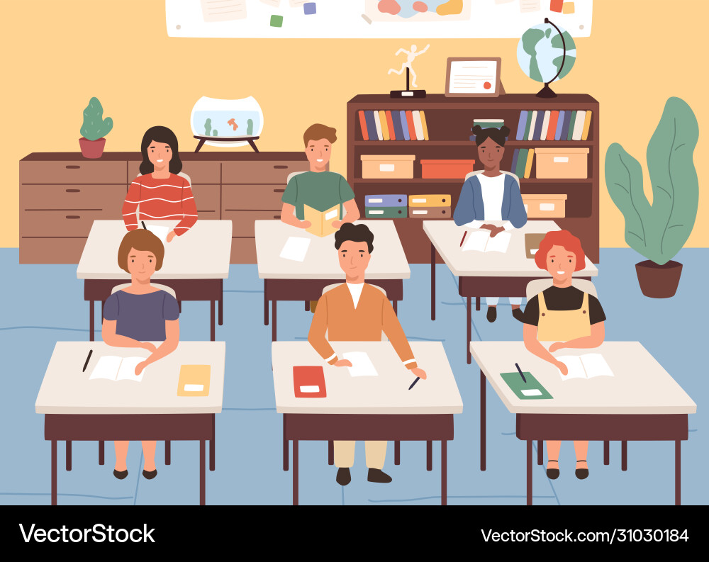 Smiling classmates listening lecture in geography Smiling classmates listening lecture in geography vector image