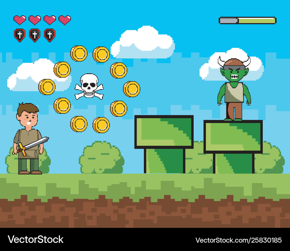 Arcade game world and pixel scene design vector image