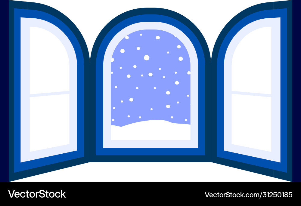 Blue open window frame with falling snow Vector Image