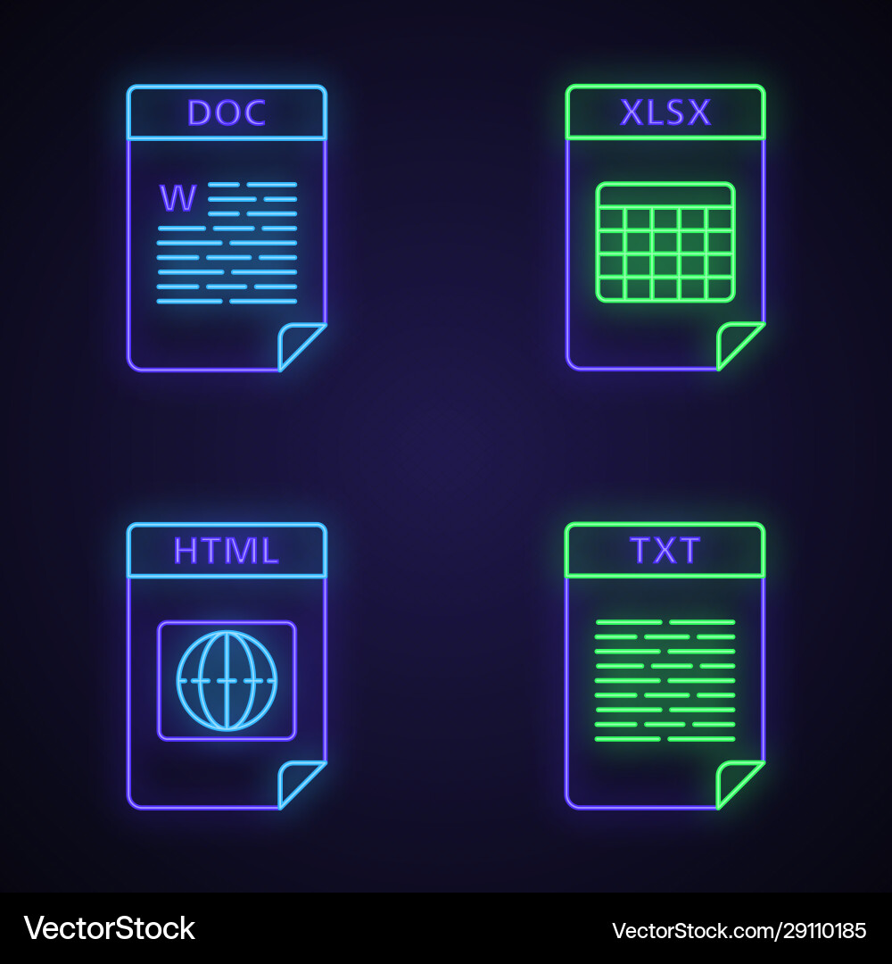 Files format neon light icons set Files format neon light icons set Vector Image