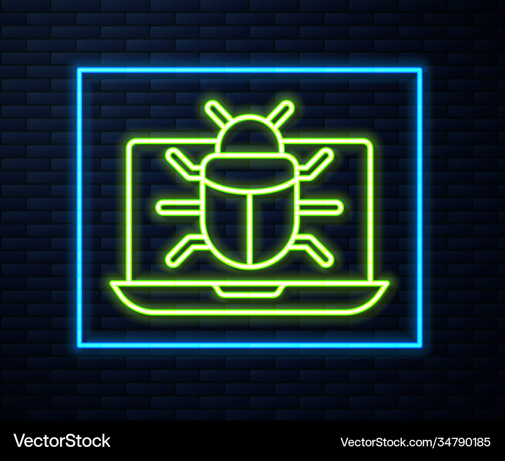 Glowing neon line system bug on monitor icon Glowing neon line system bug on monitor icon vector image