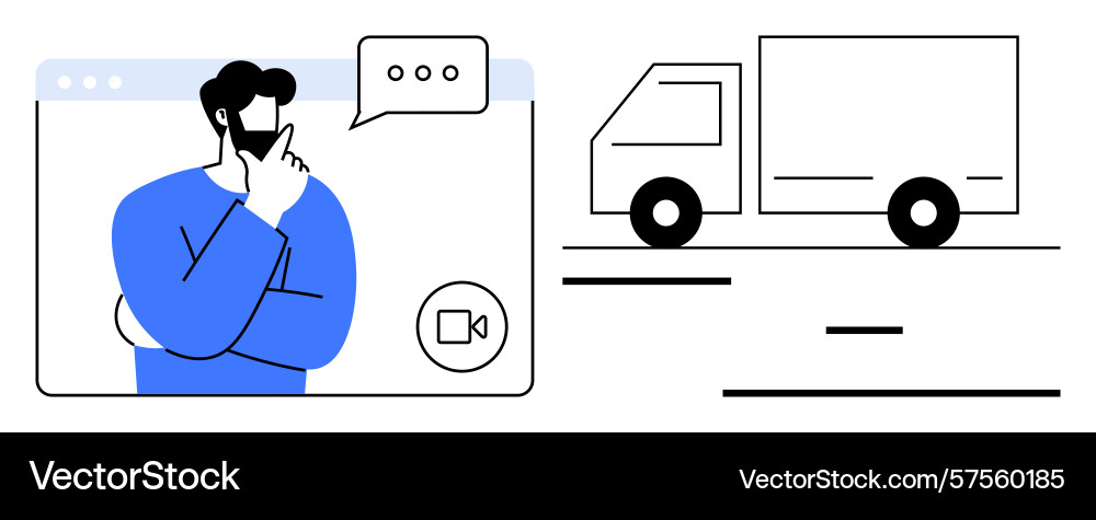 Man in video call thinking alongside a moving Man in video call thinking alongside a moving vector image