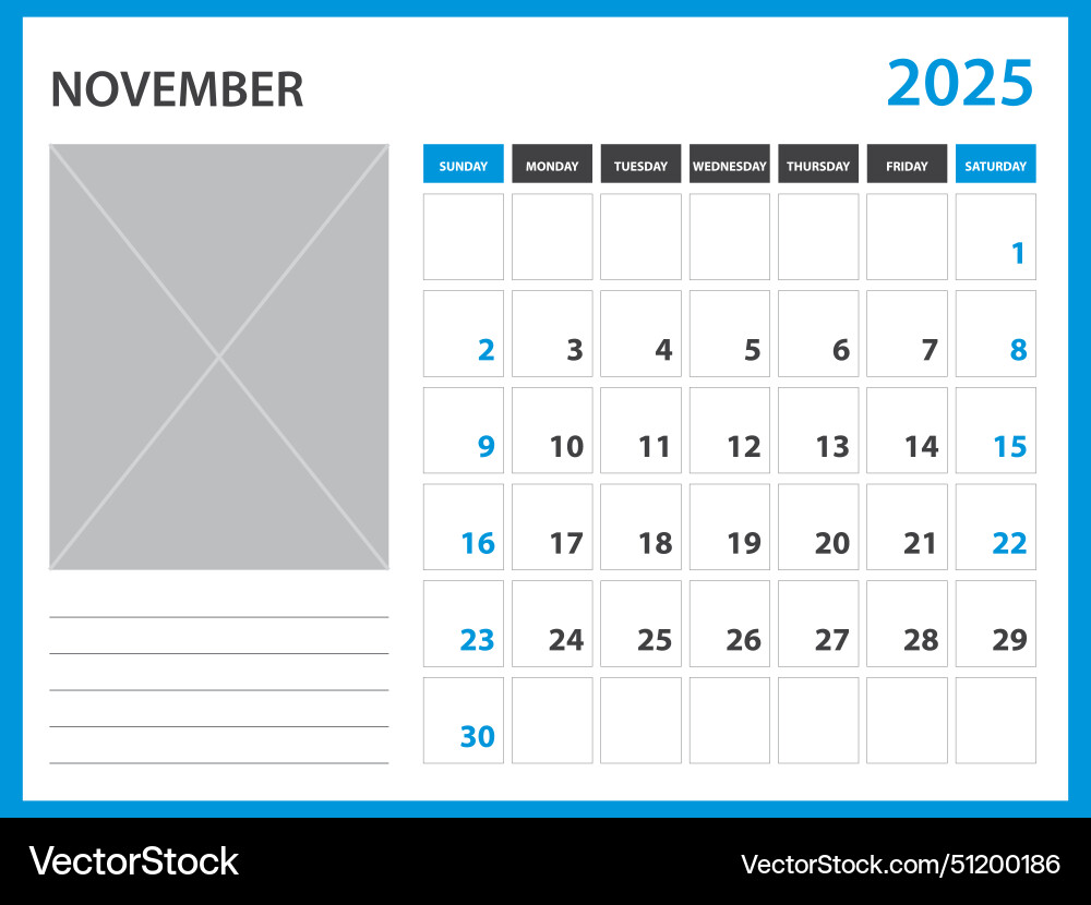 Calendar 2025 year template - november Royalty Free Vector