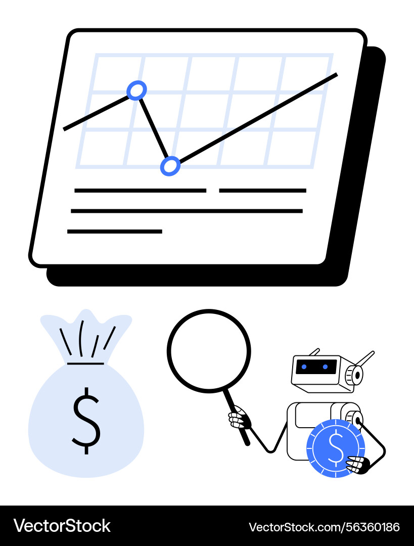 Robot analyzing financial data with graph Robot analyzing financial data with graph vector image