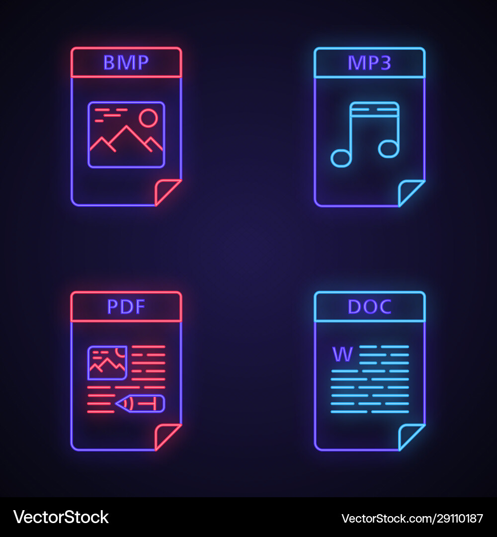 Files format neon light icons set vector image