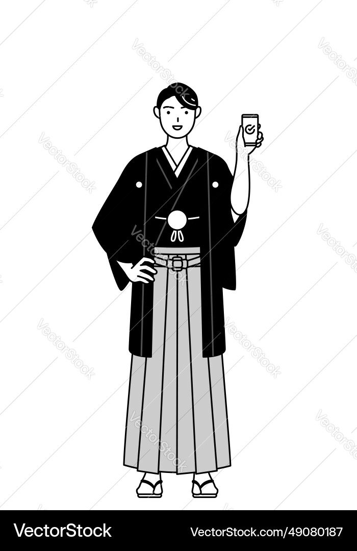 Man wearing hakama with crest using a smartphone Man wearing hakama with crest using a smartphone Vector Image
