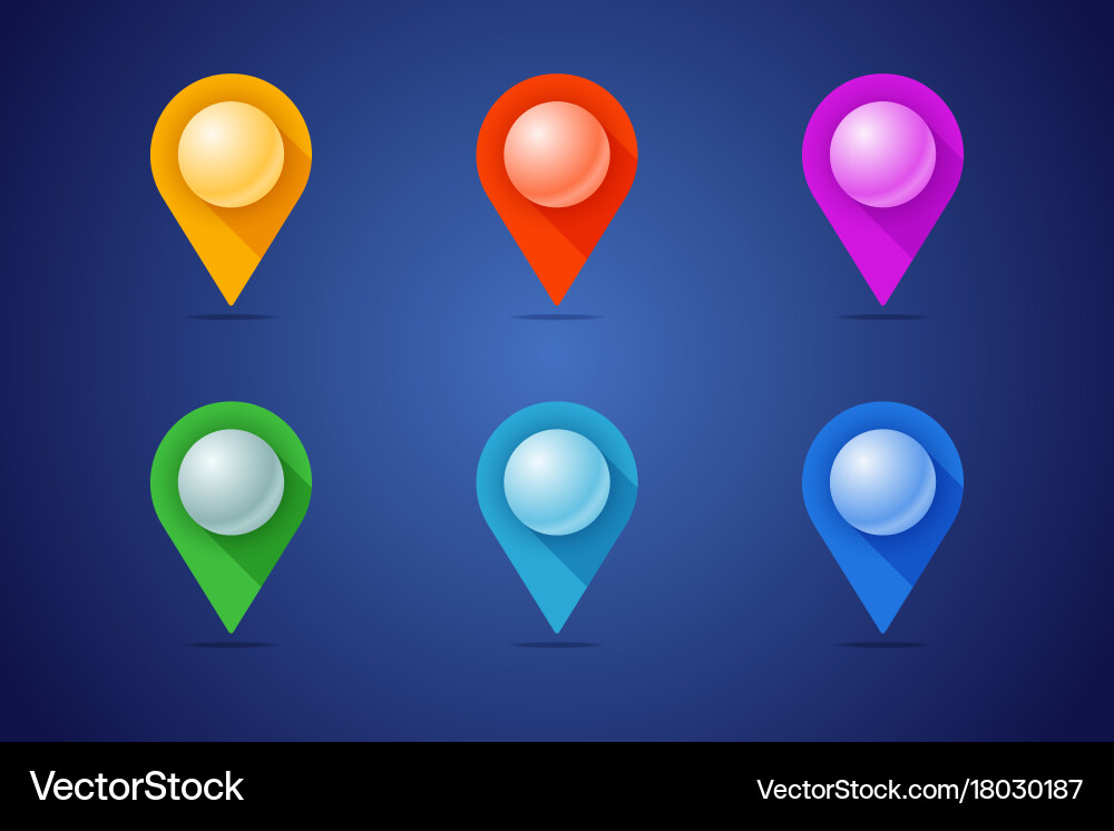 Set of map pins in different color styles with 3d vector image