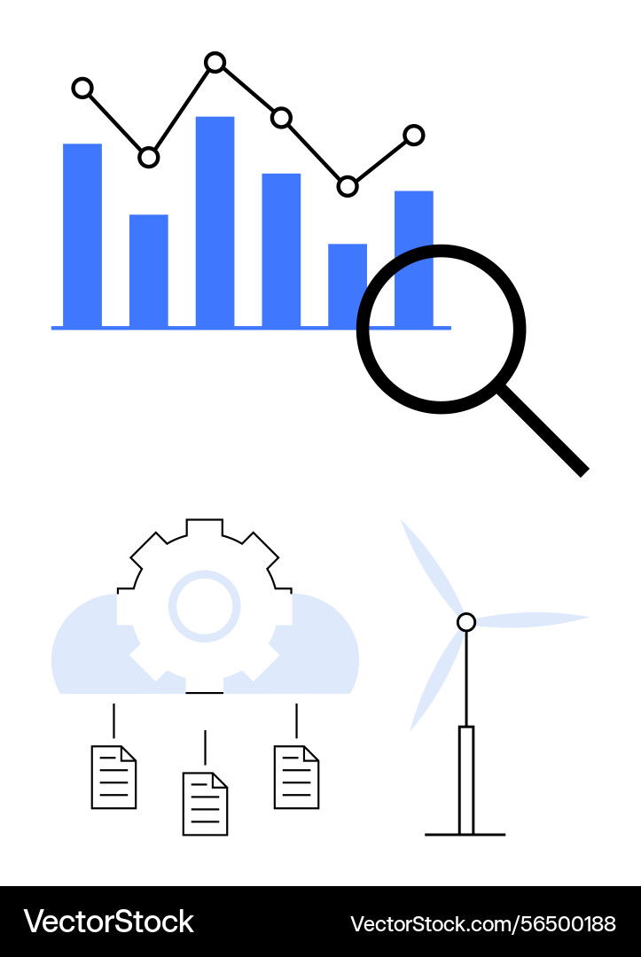 Data analysis with bar chart magnifying glass vector image