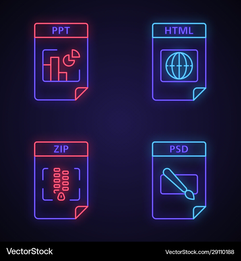 Files format neon light icons set Files format neon light icons set vector image