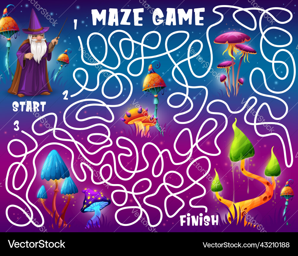 Labyrinth maze game help wizard find mushroom Labyrinth maze game help wizard find mushroom Vector Image
