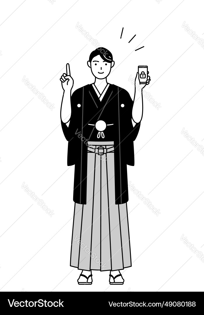 Man wearing hakama with crest taking security Vector Image