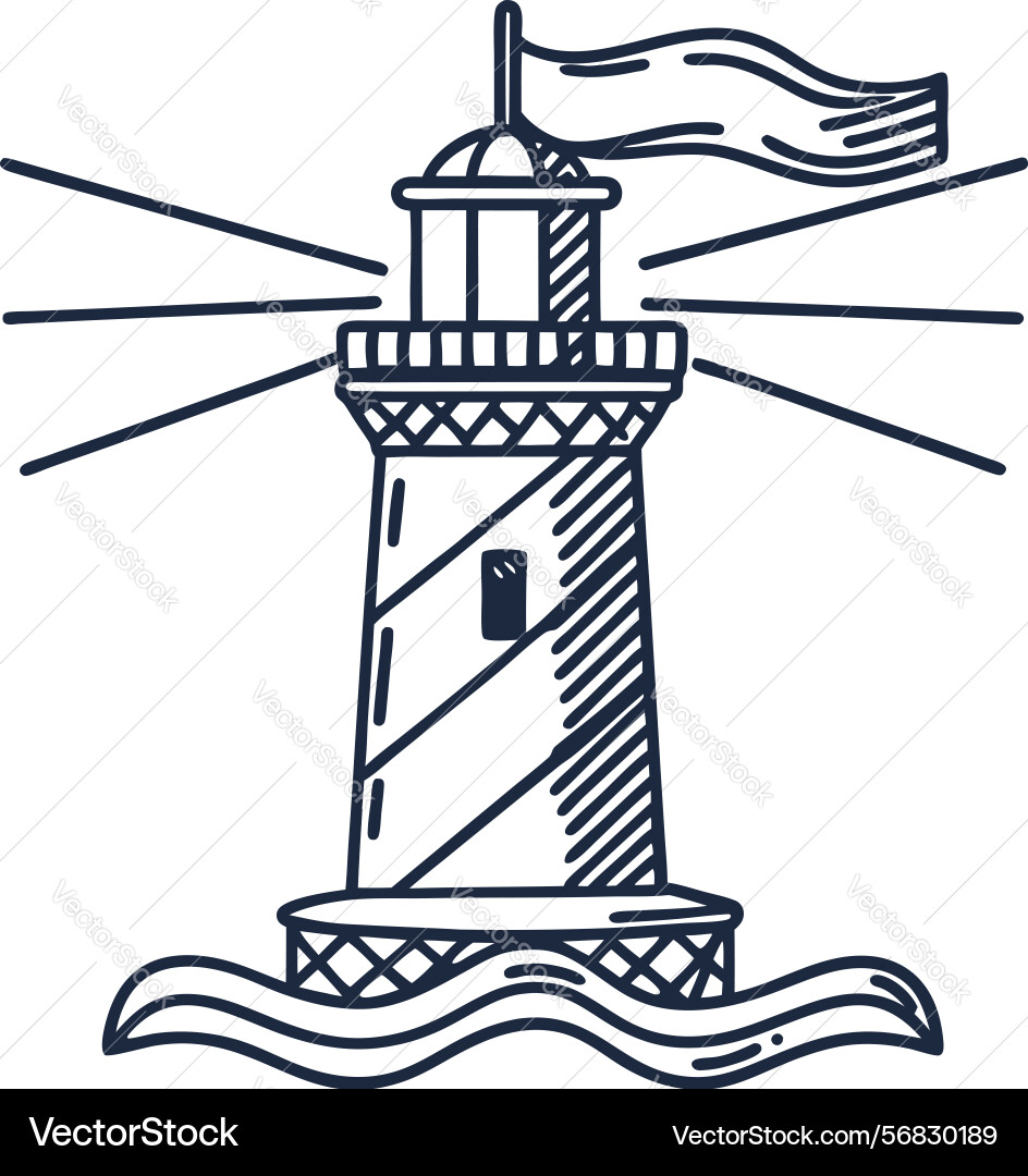 Minimalist lighthouse with waves and flag Minimalist lighthouse with waves and flag Vector Image