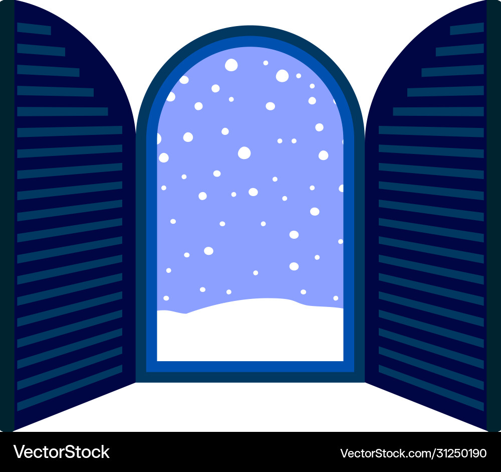 Blue open window frame with falling snow Vector Image