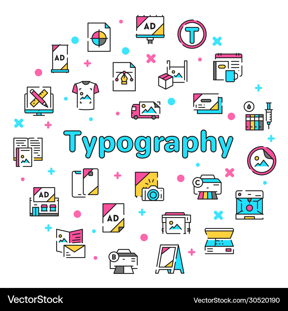 Typography symbols color linear icon set vector image