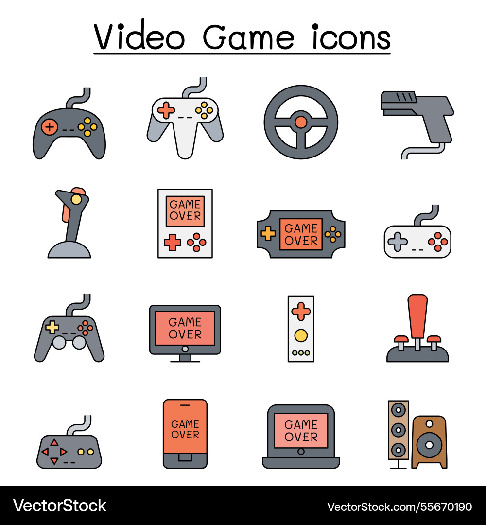 Video game and joystick icon set in color line Video game and joystick icon set in color line Vector Image