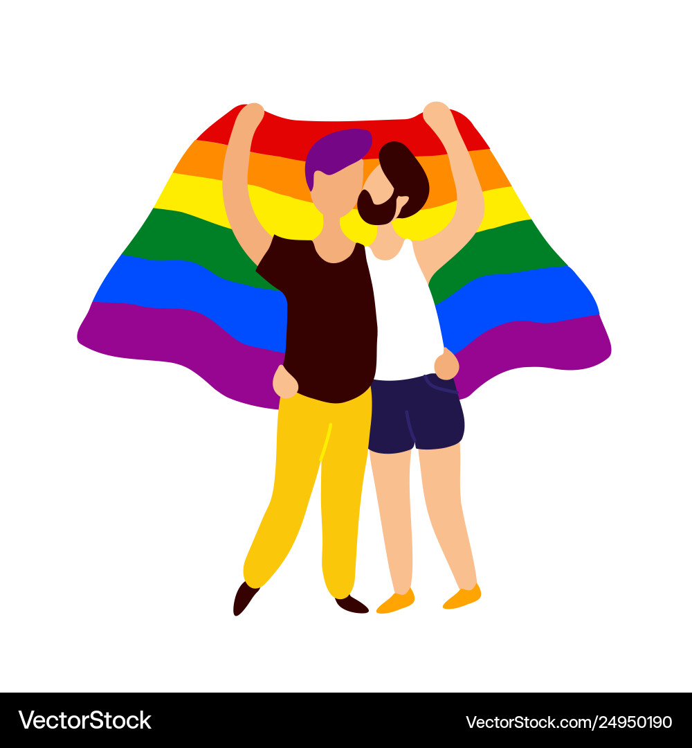 Zwei Homosexuelle Leute küssen unter Regenbogen Flagge Zwei Homosexuelle Leute küssen unter Regenbogen Flagge vektorbild