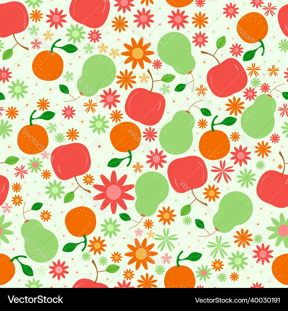 Apples pear and oranges pattern with flowers Apples pear and oranges pattern with flowers vector image