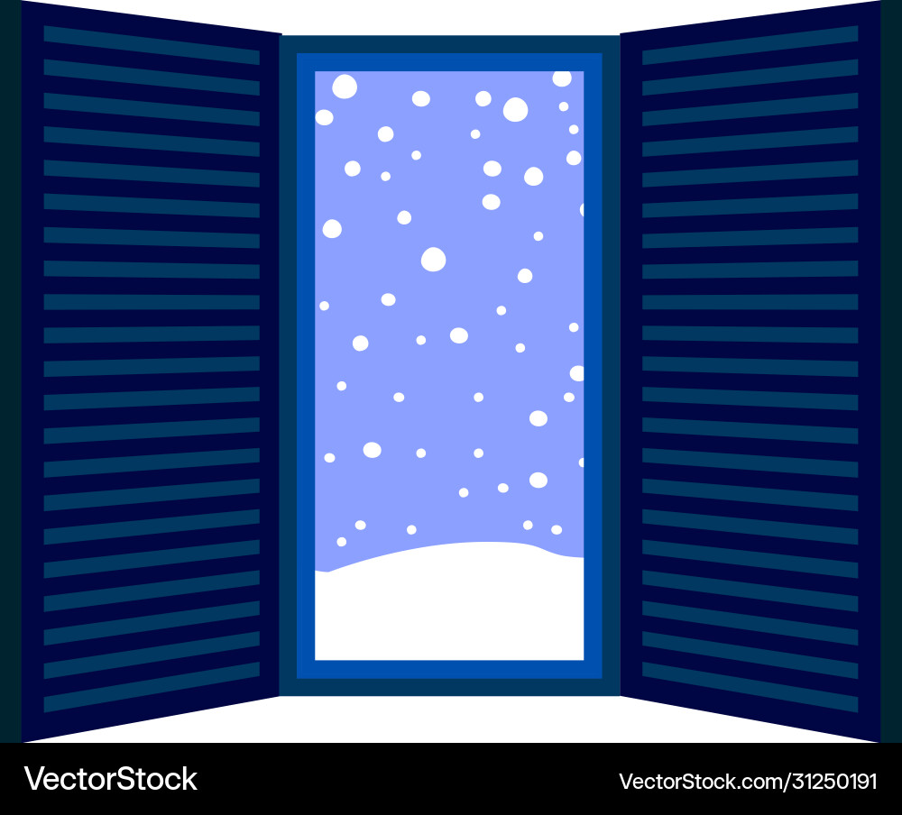 Blue open window frame with falling snow Vector Image