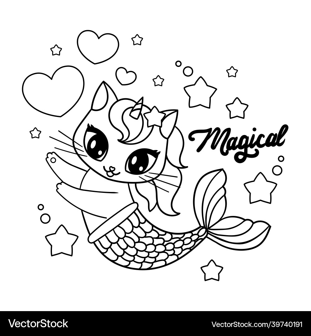 Cute Cat Mermaid Unicorn Drawing vector image