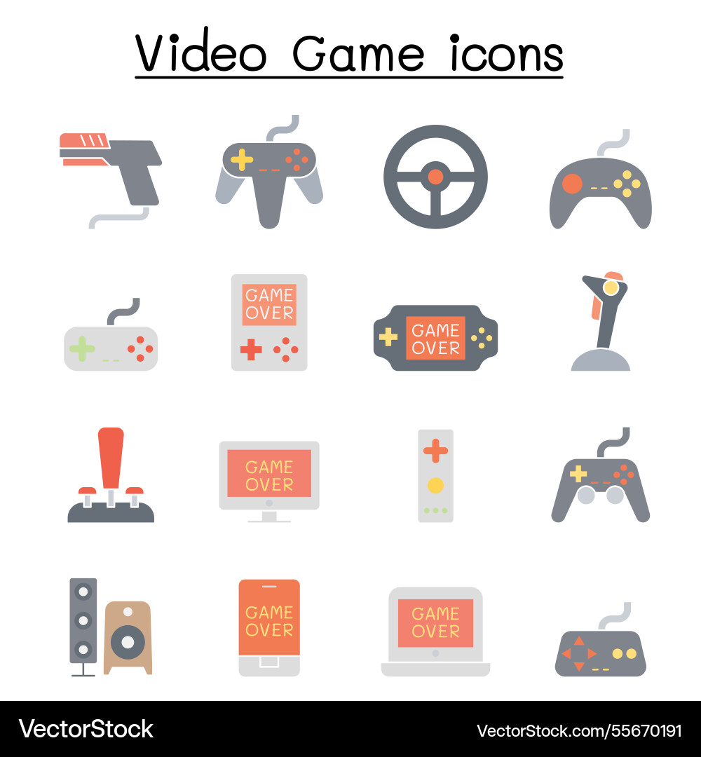 Video game and joystick icon set in flat color Video game and joystick icon set in flat color vector image