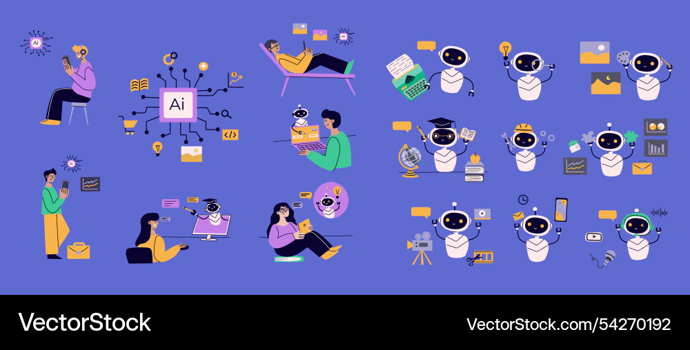 Artificial intelligence robots and people set ai Artificial intelligence robots and people set ai Vector Image