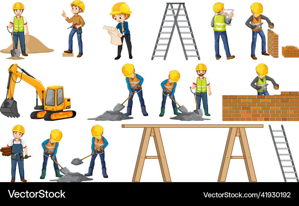 Construction worker set with man doing different Construction worker set with man doing different Vector Image