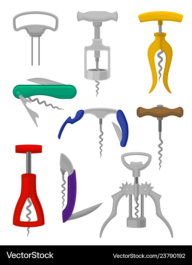 Flat set of different types corkscrews Flat set of different types corkscrews vector image