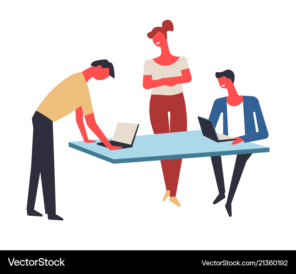 Office workers work in team at table with laptops Office workers work in team at table with laptops vector image