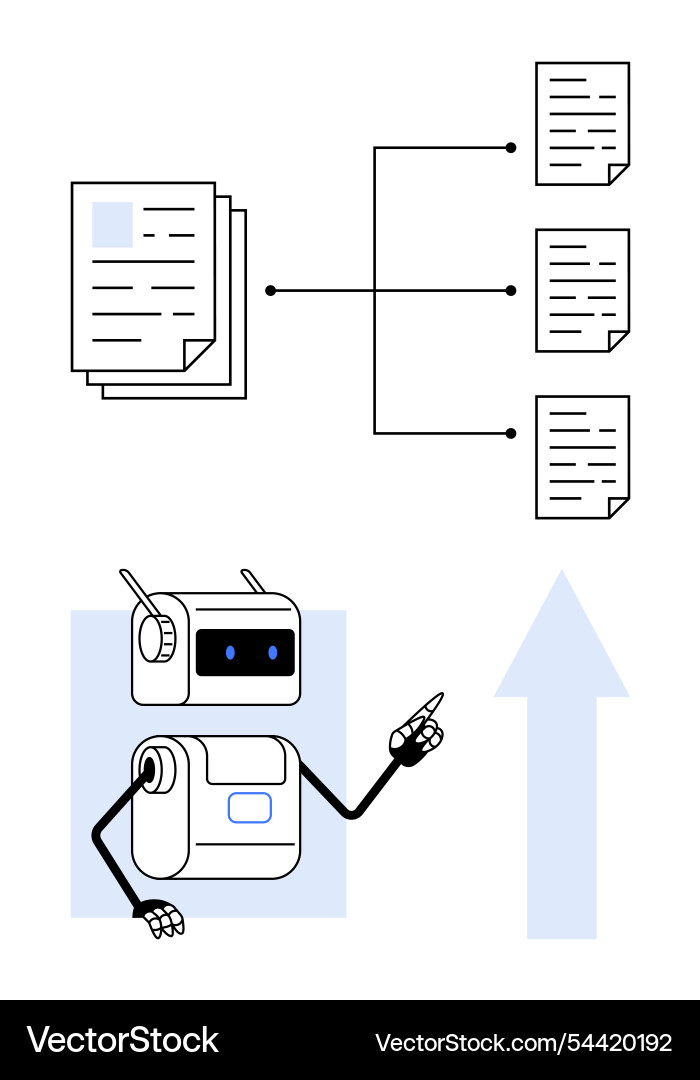 Robot organizing documents with flowchart Robot organizing documents with flowchart vector image