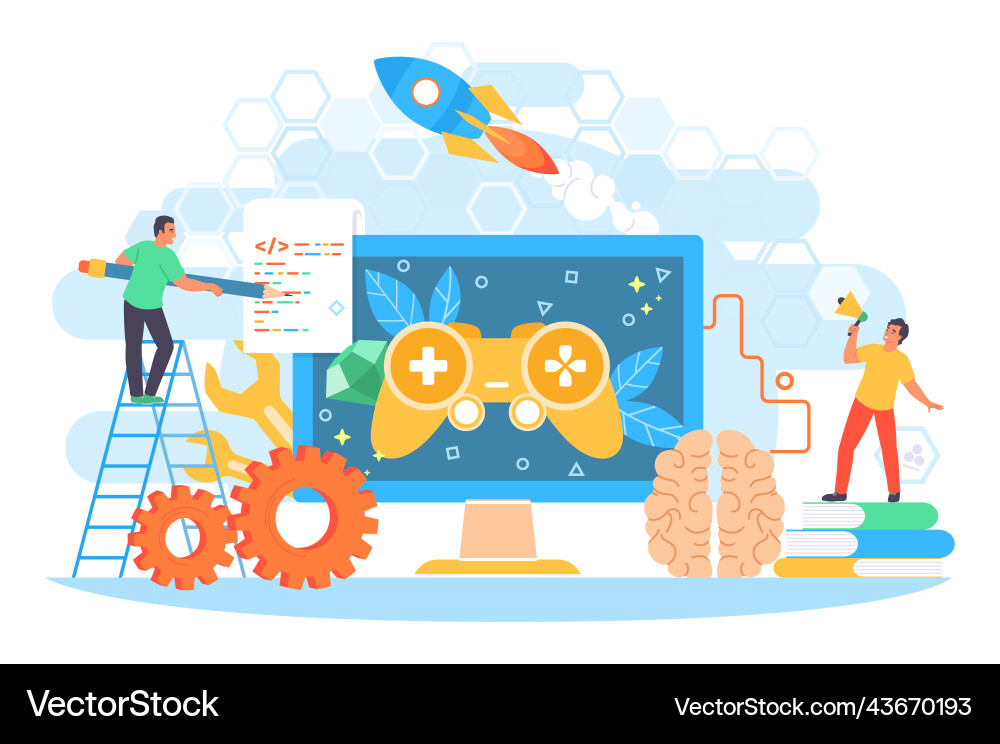 Game developer team working on digital design Game developer team working on digital design Vector Image