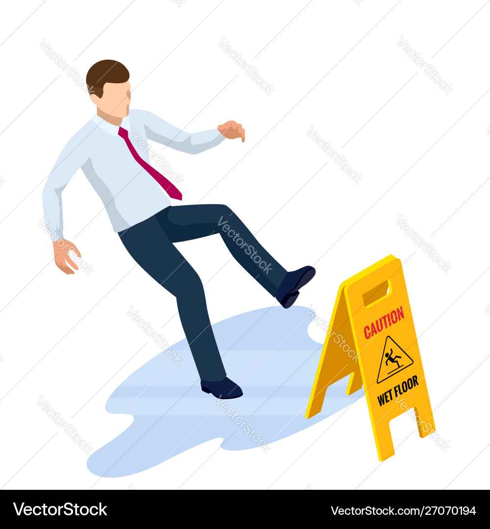 Isometric caution wet floor sign isolated on white