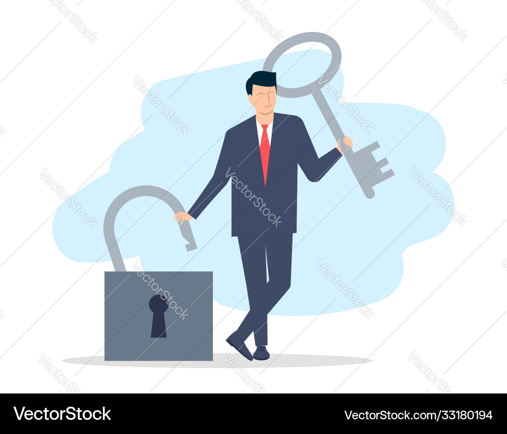 Man Holding Key to Open Lock Vector Image
