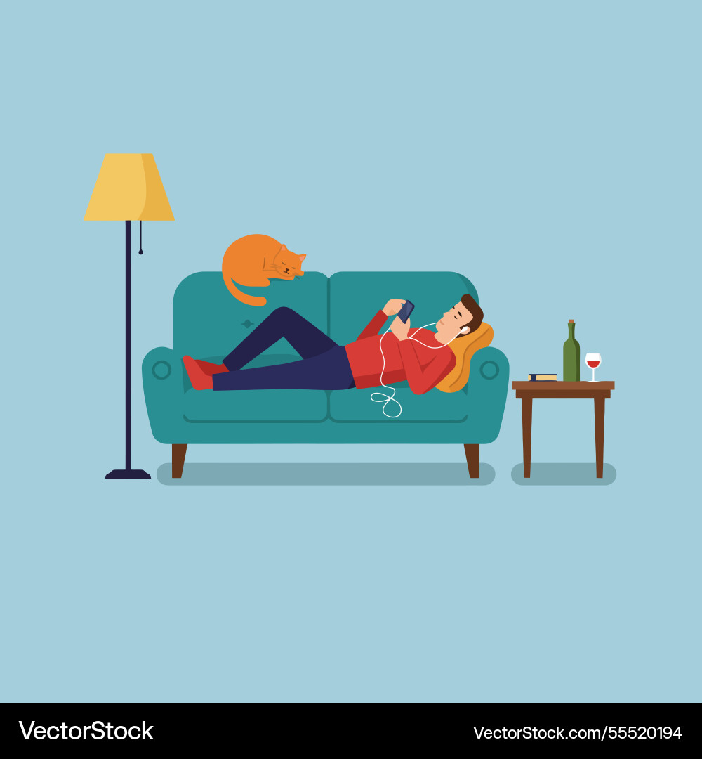 Man relaxing on couch with cat listening to music Vector Image