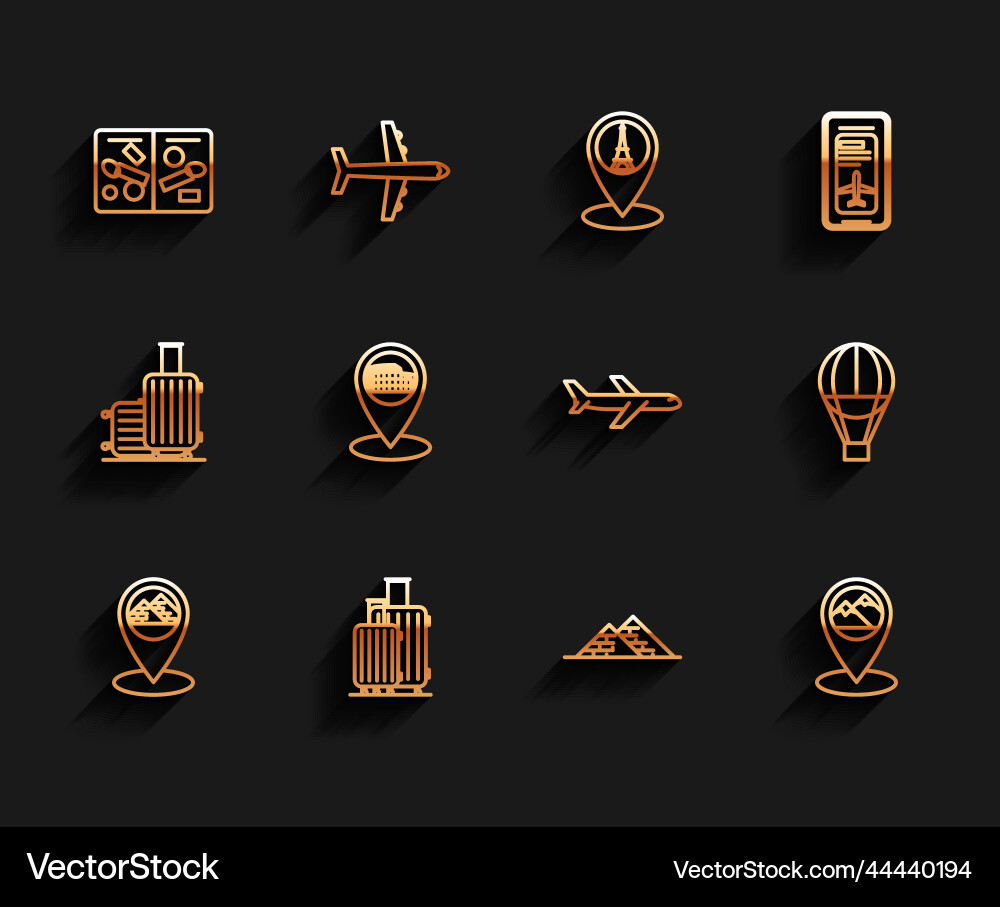 Set line map pointer with egypt pyramids suitcase vector image