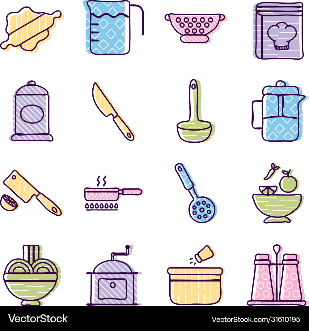 Cook and kitchen line fill style icon set Cook and kitchen line fill style icon set vector image