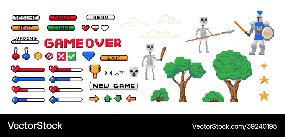 Game 8-bit set pixel start screen and interface Game 8-bit set pixel start screen and interface vector image