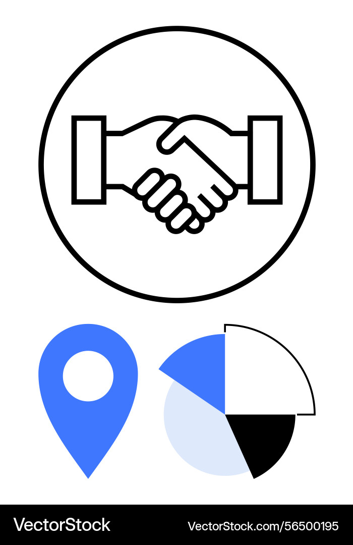 Handshake in circle with location pin and pie Handshake in circle with location pin and pie vector image