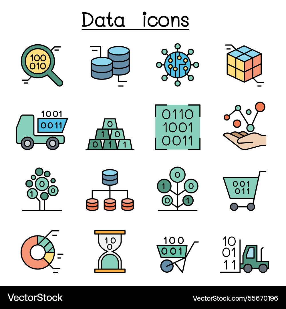 Database data and graph icon set in color line Database data and graph icon set in color line Vector Image