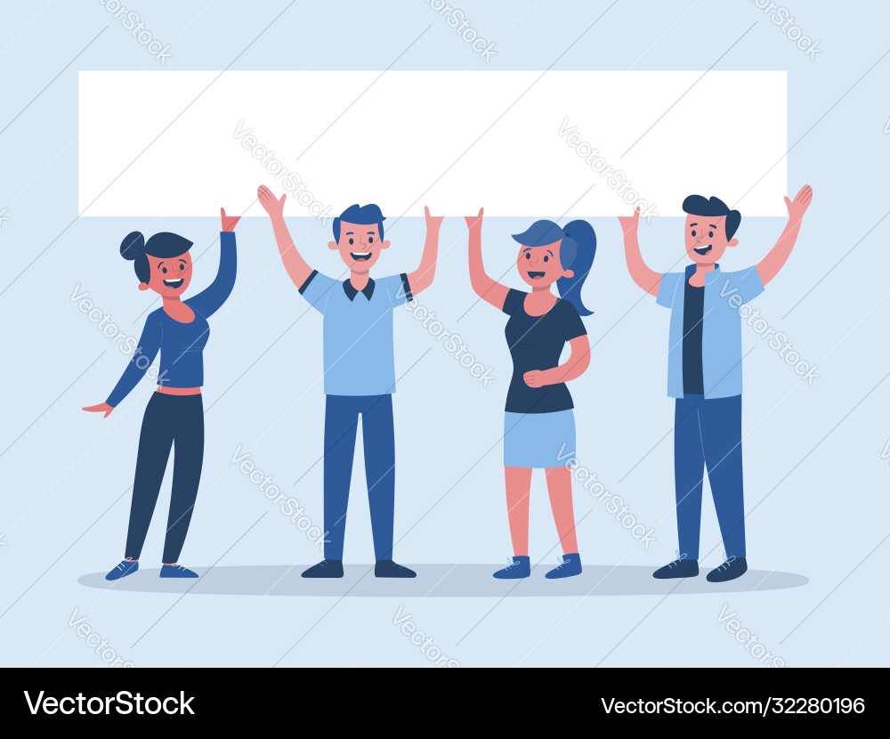 Young people holding a banner above their heads Young people holding a banner above their heads vector image