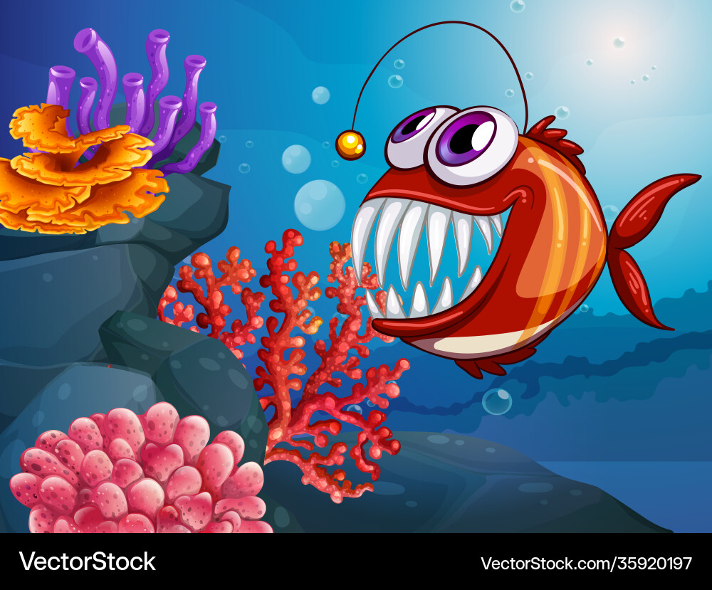 Angler Fisch Cartoon Charakter in Unterwasser Angler Fisch Cartoon Charakter in Unterwasser vektorbild