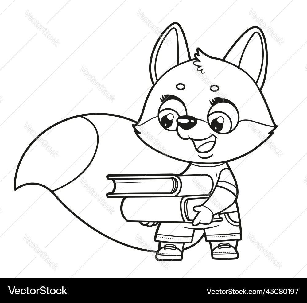 Cute cartoon fox hold a book stack outlined Cute cartoon fox hold a book stack outlined vector image