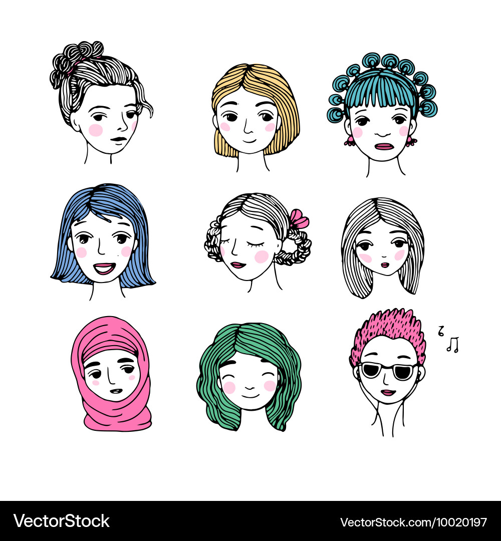 Different faces hand drawing isolated objects vector image