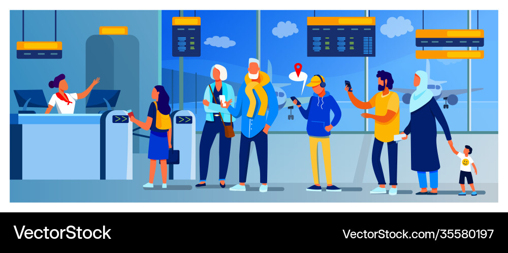 Group passengers standing in queue to counter vector image