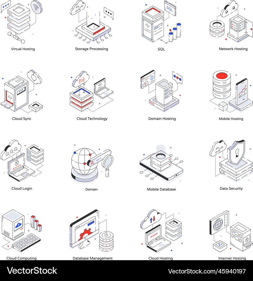 Set of database storage isometric icons vector image