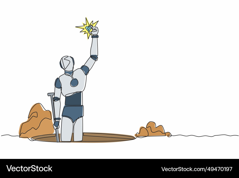 Single continuous line drawing robot digging hole Vector Image